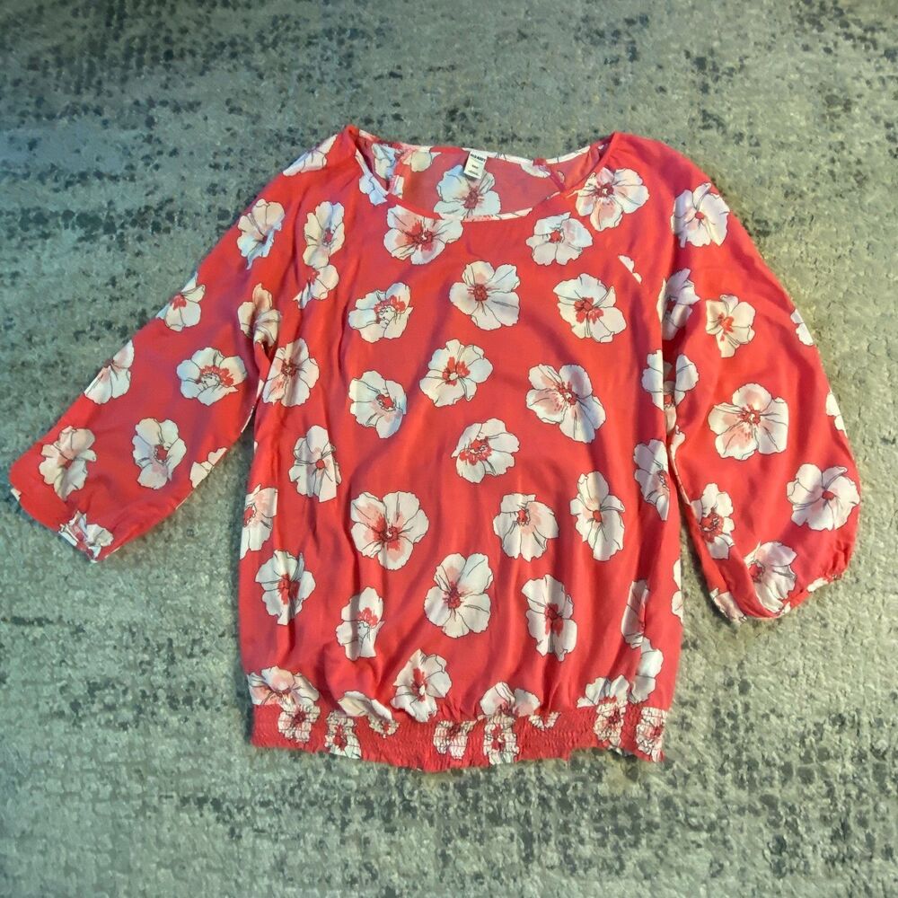 Old Navy Womens Small Coral Floral 3/4 Sleeve Smocked Hem Blouse Top
